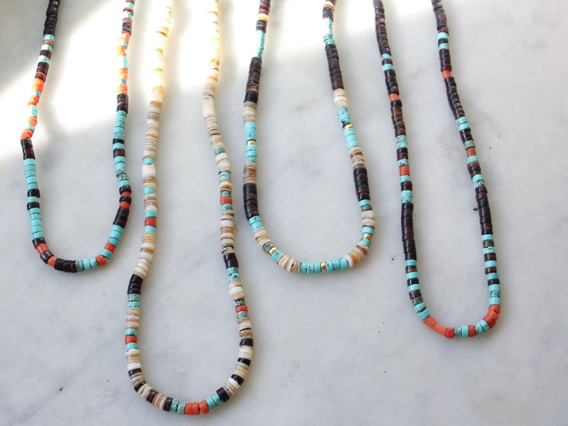 Heishi necklaces with shell, coral and turquoise