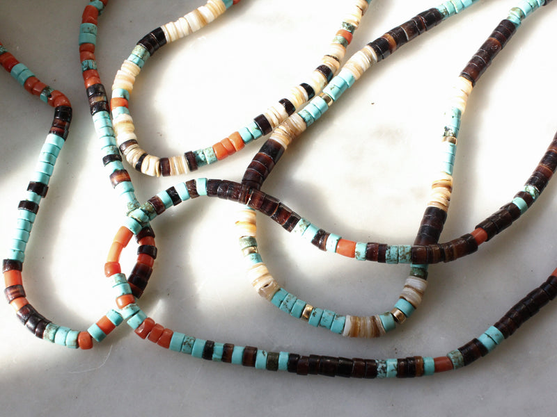 Heishi necklaces with shell, coral and turquoise